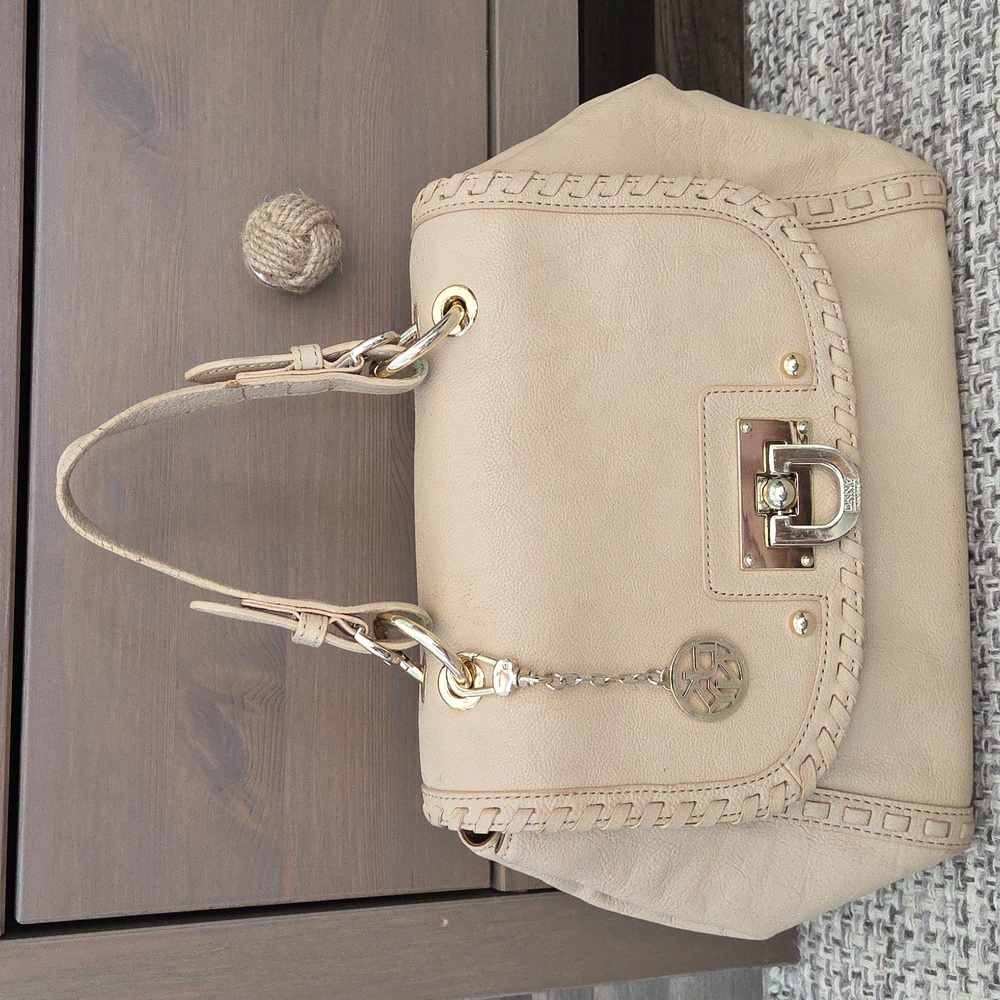 Vintage DKNY Beige Leather Whipstitch Flap Top Handle Satchel Bag